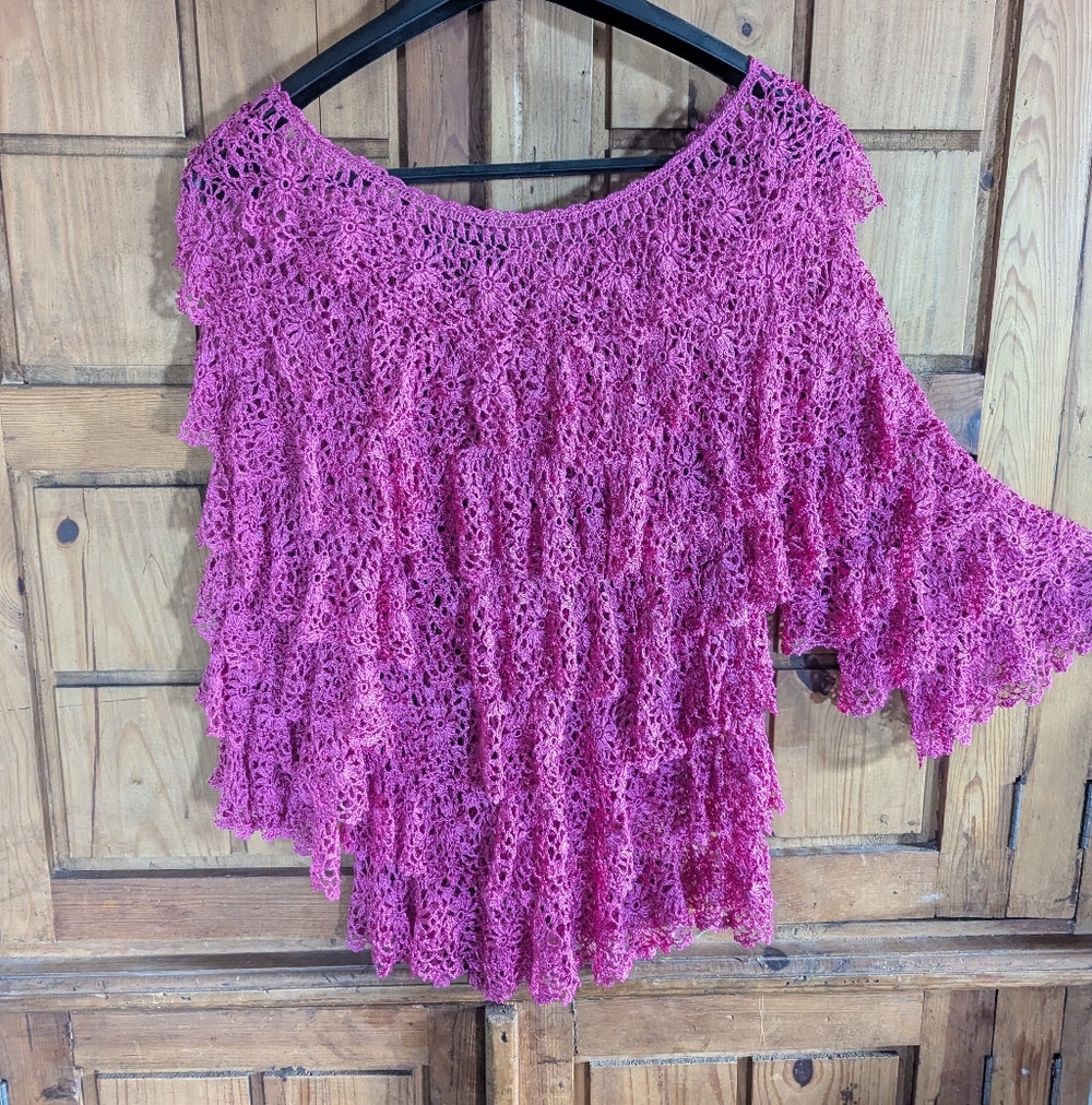 Bohemian, Lightweight Area A Pink Crochet Ruffle Blouse L/XL Festival Rodeo